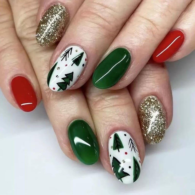 CTTHNBD 6 Packs (144 Pcs) Christmas Press on Nails Almond, Short Square Press on Nails, with Christmas Tree Snowflake Design Red Green Fake Nails for Women - 12 Sizes, 6 Styles - Image 4